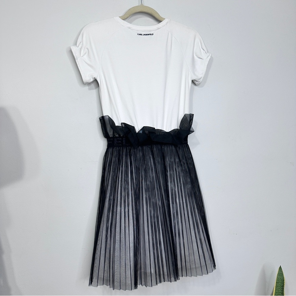 KARL LAGERFELD Black White Mid Length Tulle Logo Dress Sz 14 - Picture 8 of 10